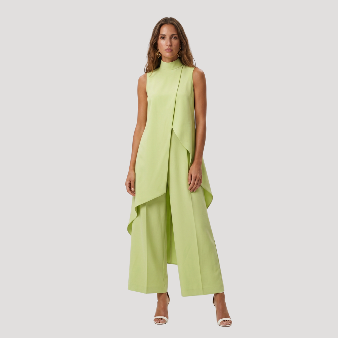 Elegante set met lange asymmetrische top en wijde broek
