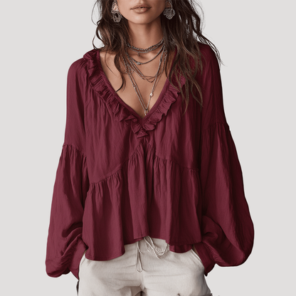 Blouse met V-hals en volant, lange mouwen