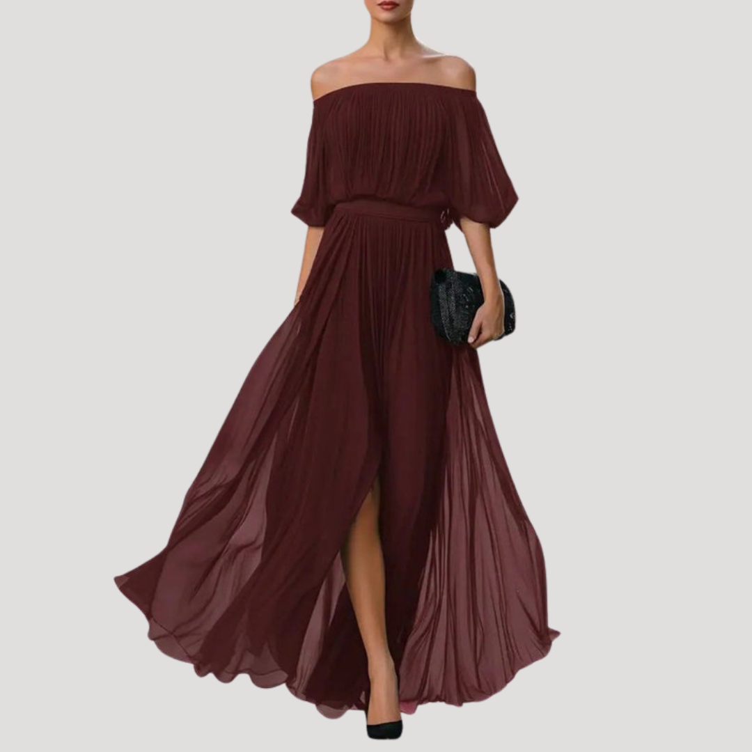 Maxi-jurk met plissé en off-shoulder uitsnijding