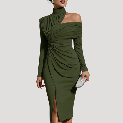 Midi-jurk met asymmetrische schouder en drapering