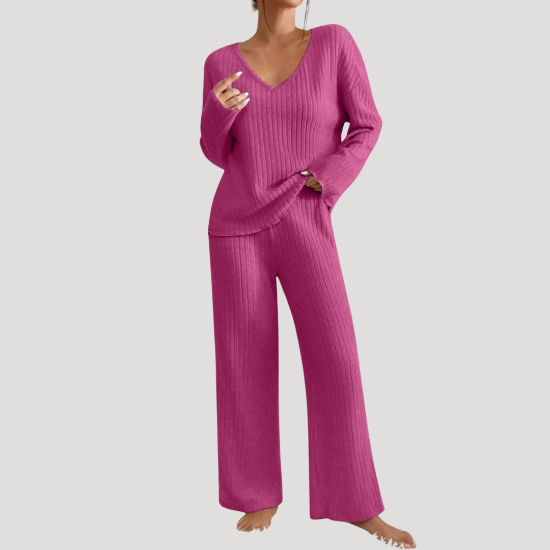 Gebreide set met V-hals en wijde broek