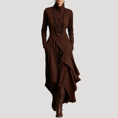 Elegante maxi-jurk met lange mouwen en driekwartsdrapering