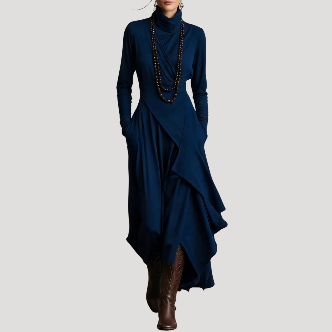 Elegante maxi-jurk met lange mouwen en driekwartsdrapering