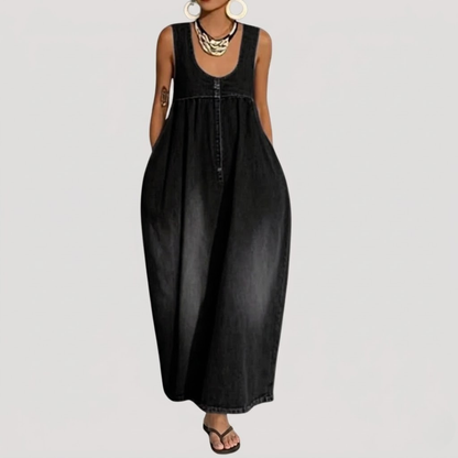 Maxi-jurk in denimlook, soepel en mouwloos