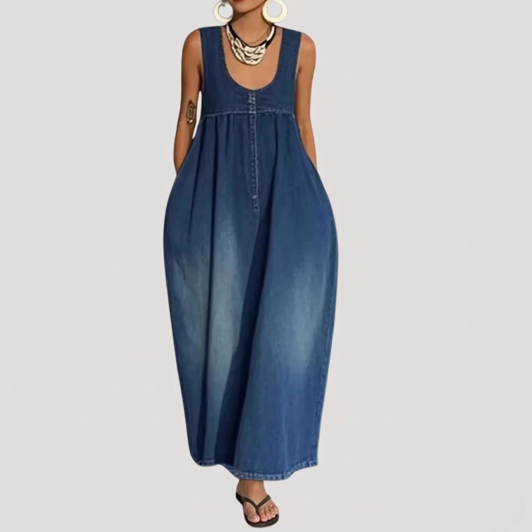 Maxi-jurk in denimlook, soepel en mouwloos