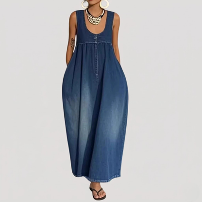 Maxi-jurk in denimlook, soepel en mouwloos