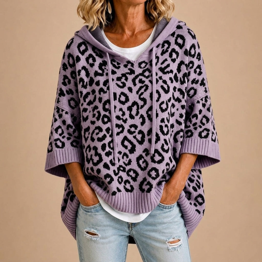 Gebreide poncho met dierenprint en capuchon