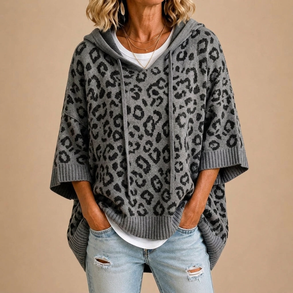Gebreide poncho met dierenprint en capuchon