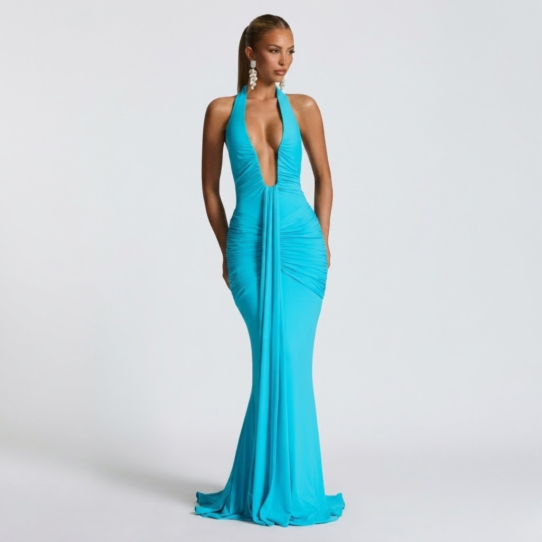 Elegante maxi-jurk met halter hals en open rug