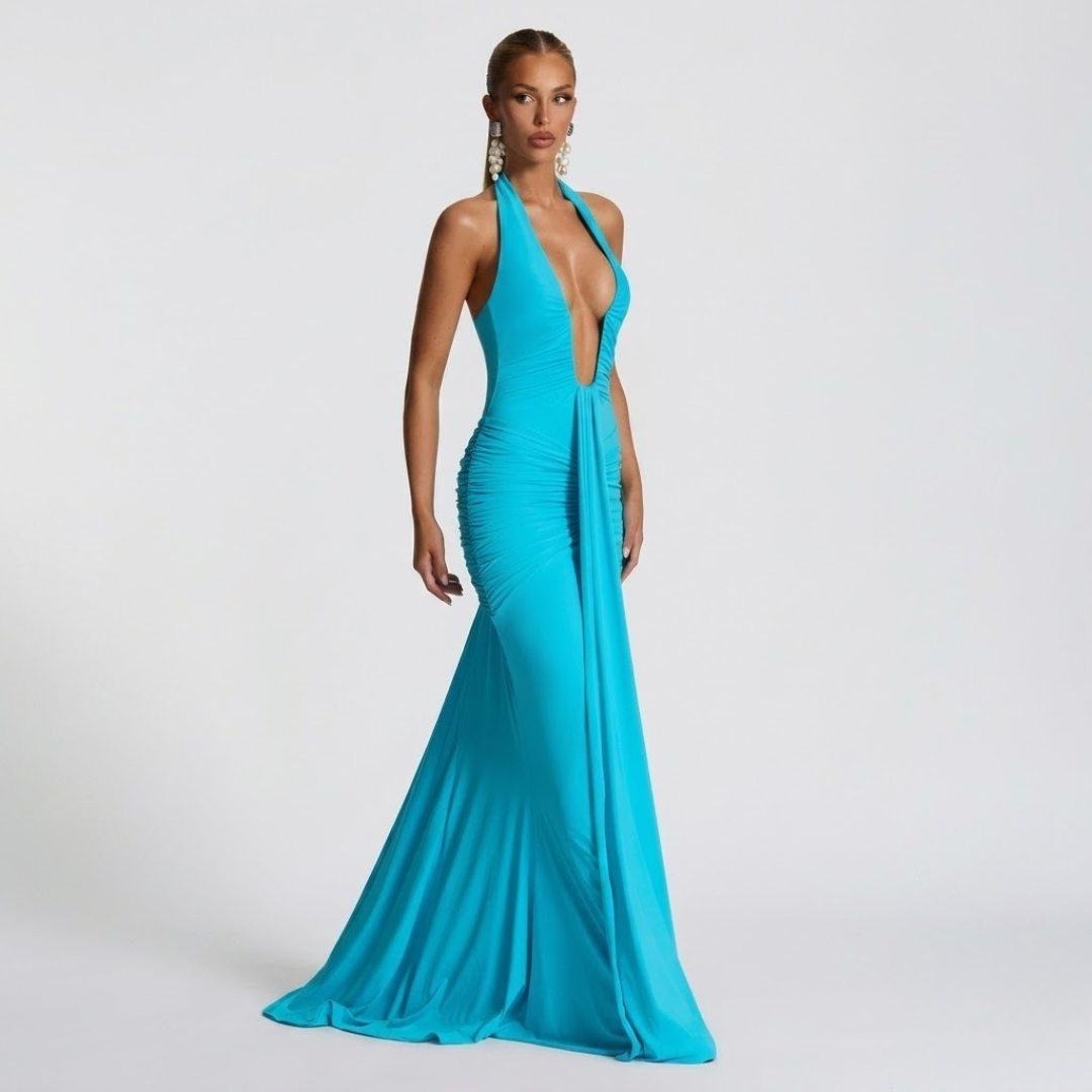 Elegante maxi-jurk met halter hals en open rug