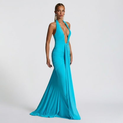 Elegante maxi-jurk met halter hals en open rug