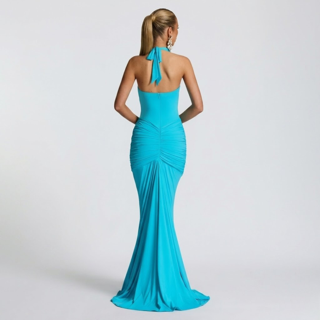 Elegante maxi-jurk met halter hals en open rug