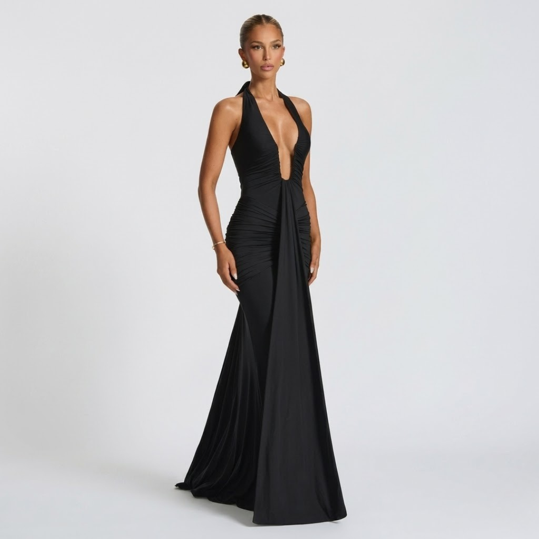 Elegante maxi-jurk met halter hals en open rug