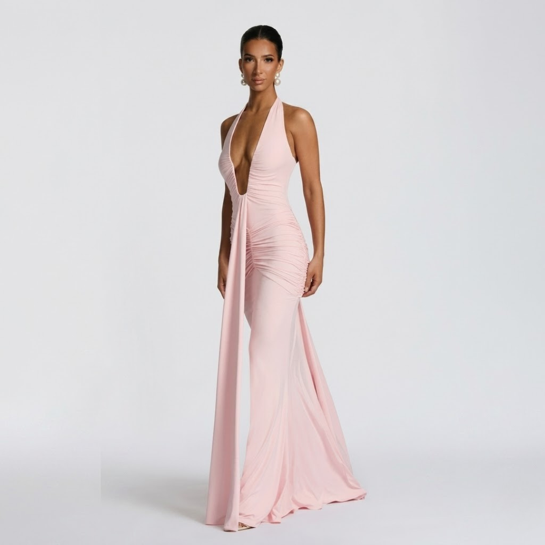 Elegante maxi-jurk met halter hals en open rug