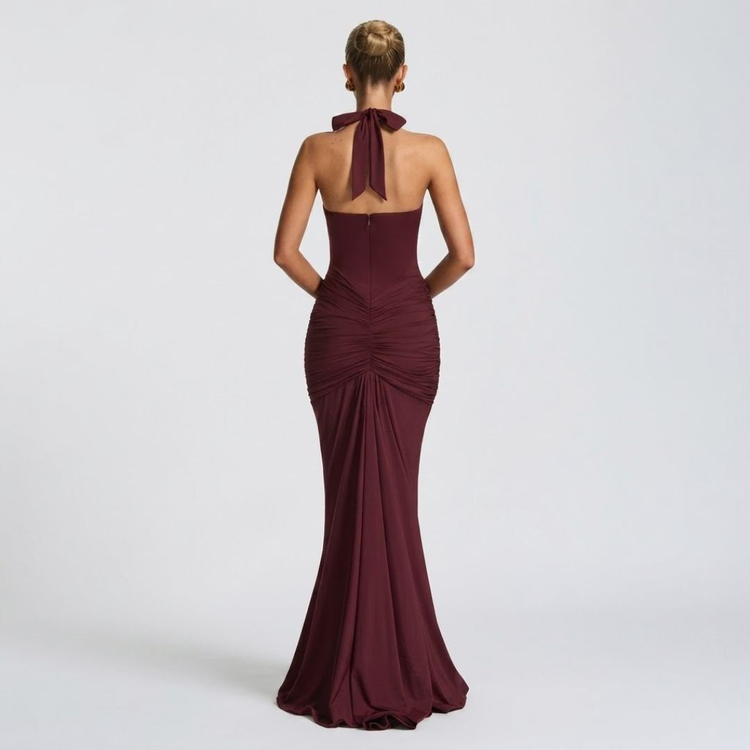 Elegante maxi-jurk met halter hals en open rug