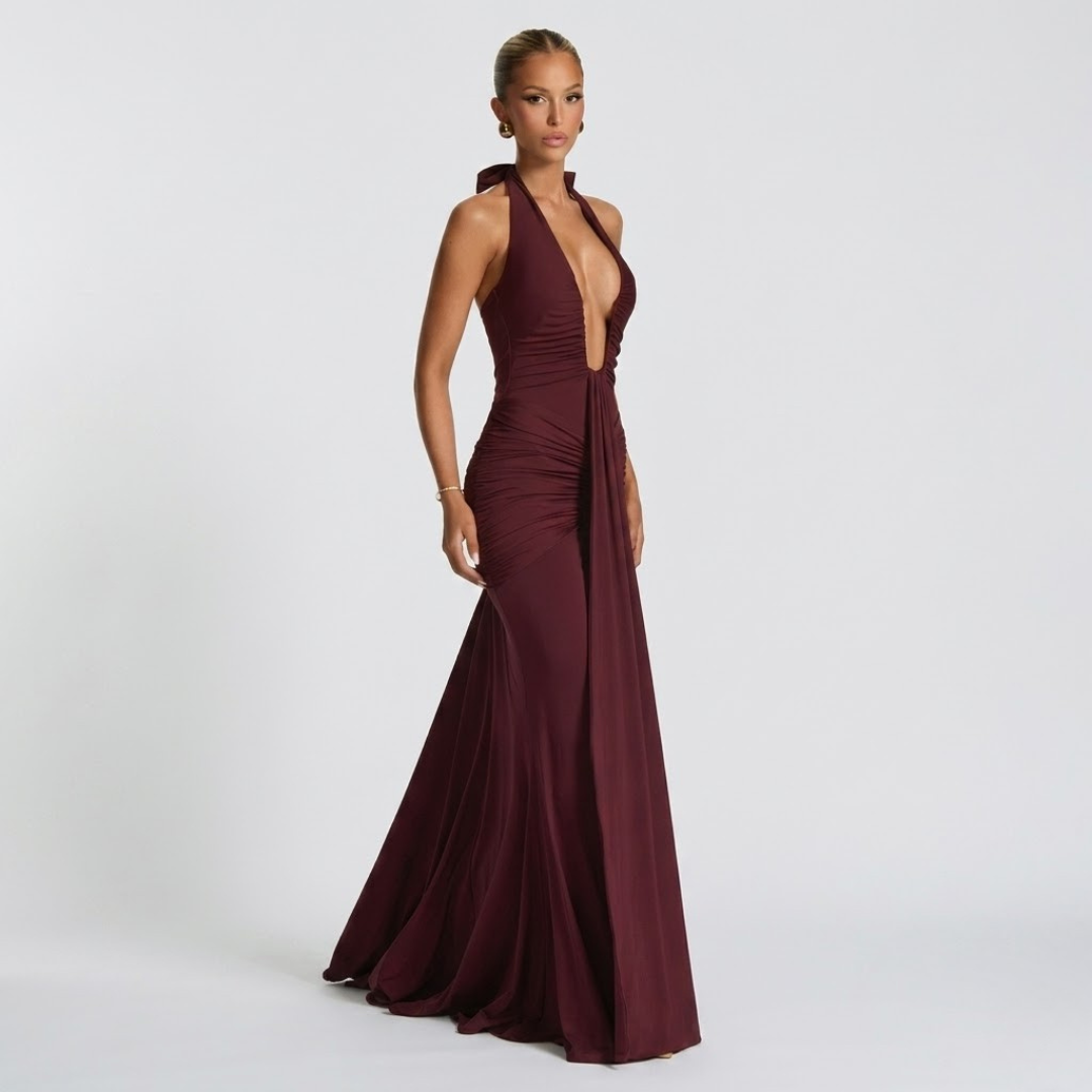 Elegante maxi-jurk met halter hals en open rug