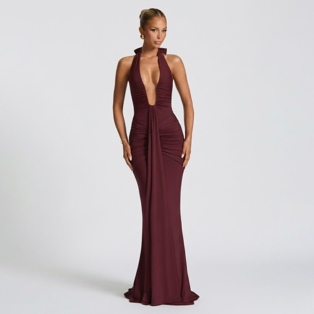 Elegante maxi-jurk met halter hals en open rug