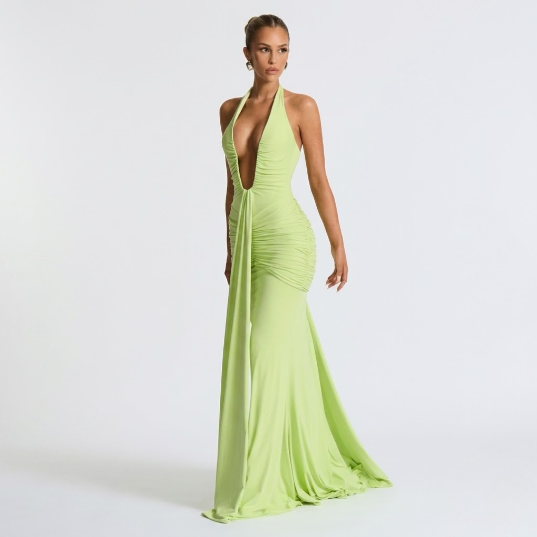 Elegante maxi-jurk met halter hals en open rug