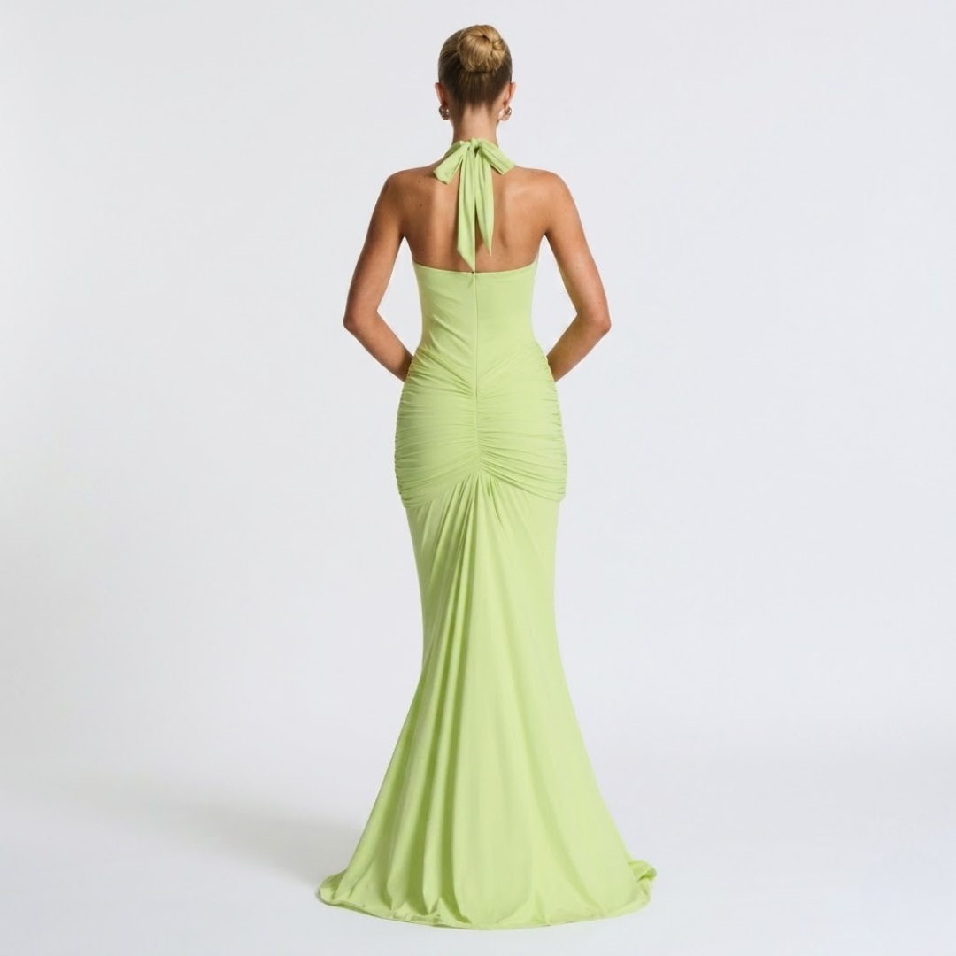Elegante maxi-jurk met halter hals en open rug