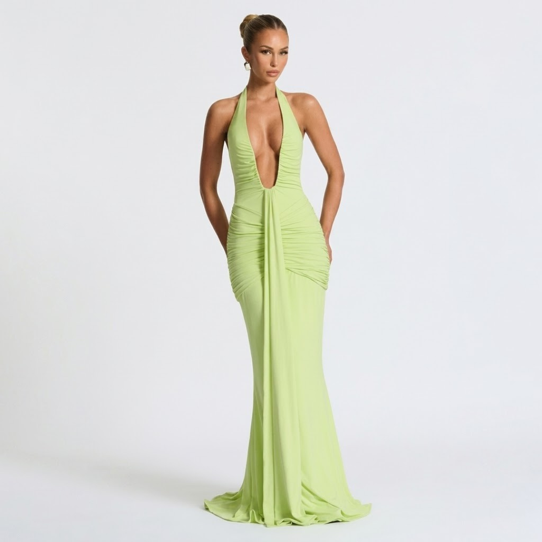 Elegante maxi-jurk met halter hals en open rug