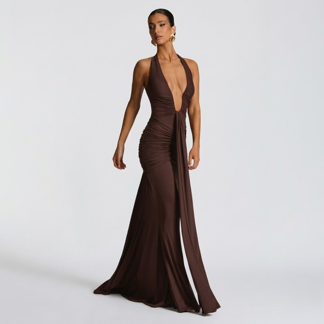 Elegante maxi-jurk met halter hals en open rug