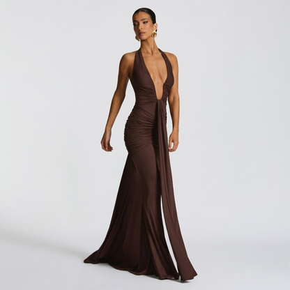 Elegante maxi-jurk met halter hals en open rug