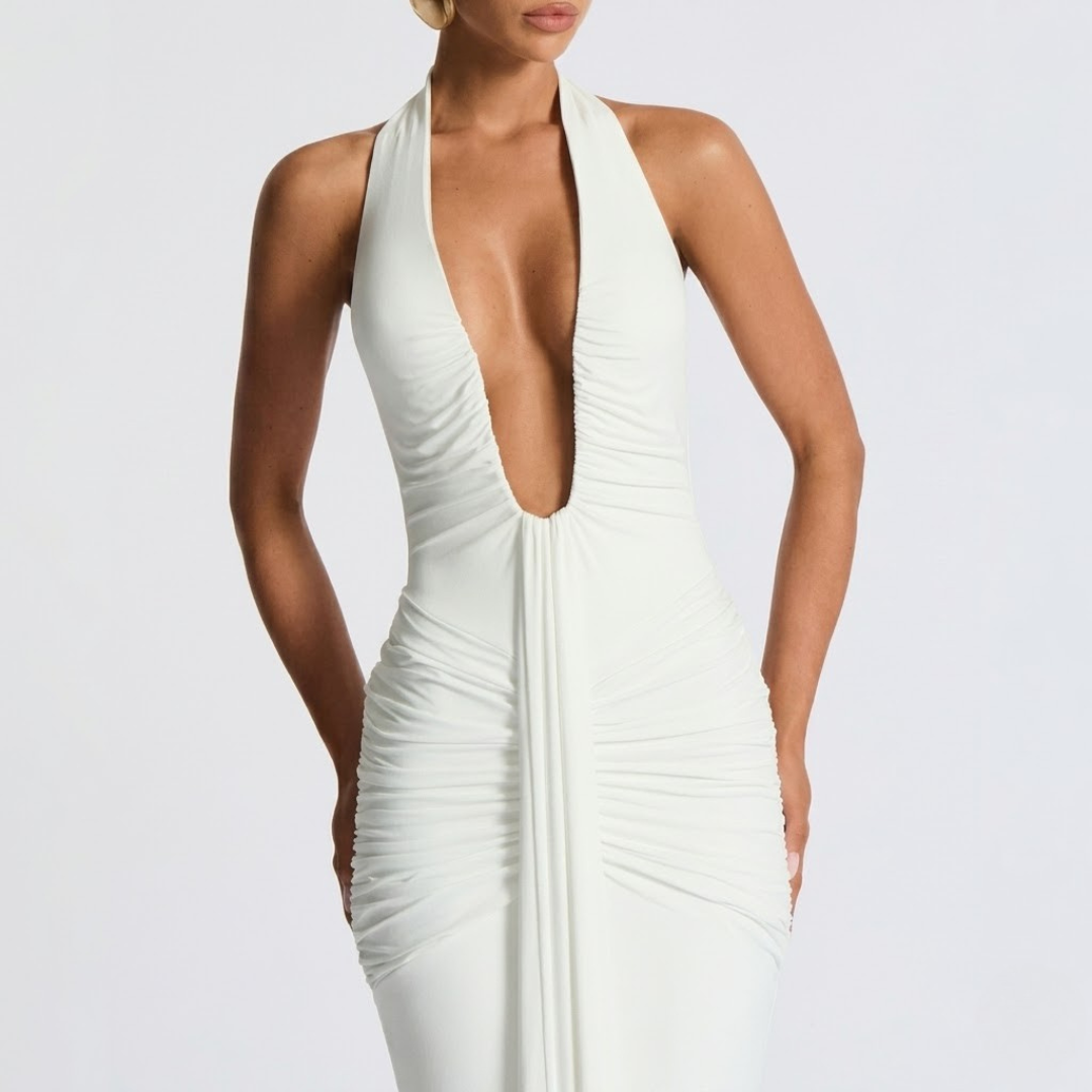 Elegante maxi-jurk met halter hals en open rug