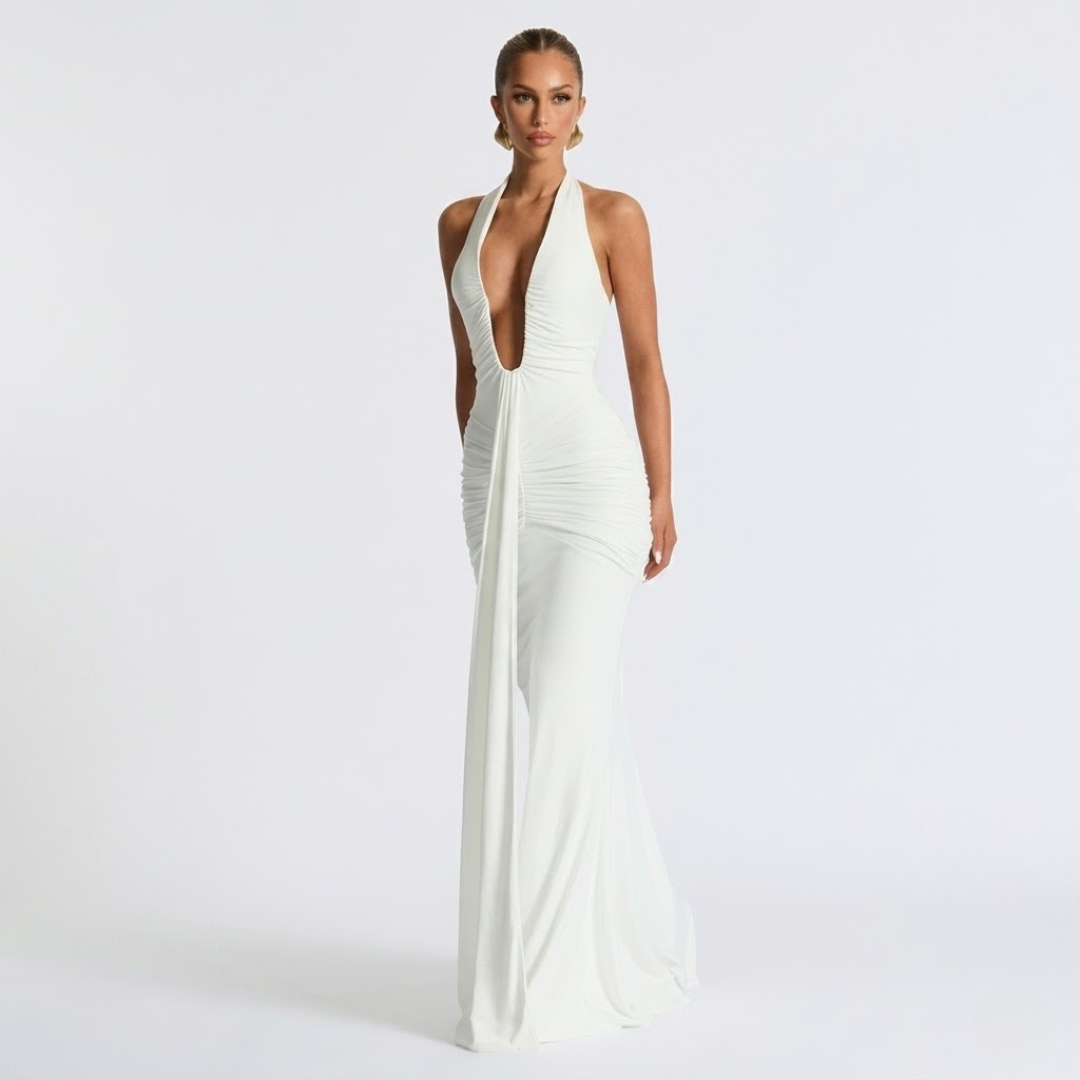 Elegante maxi-jurk met halter hals en open rug